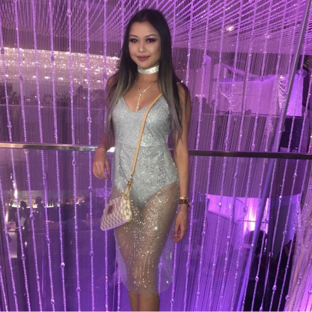 HELLO MOLLY Sheer silver glitter bodysuit bodycon mesh dress - Picture 8 of 9
